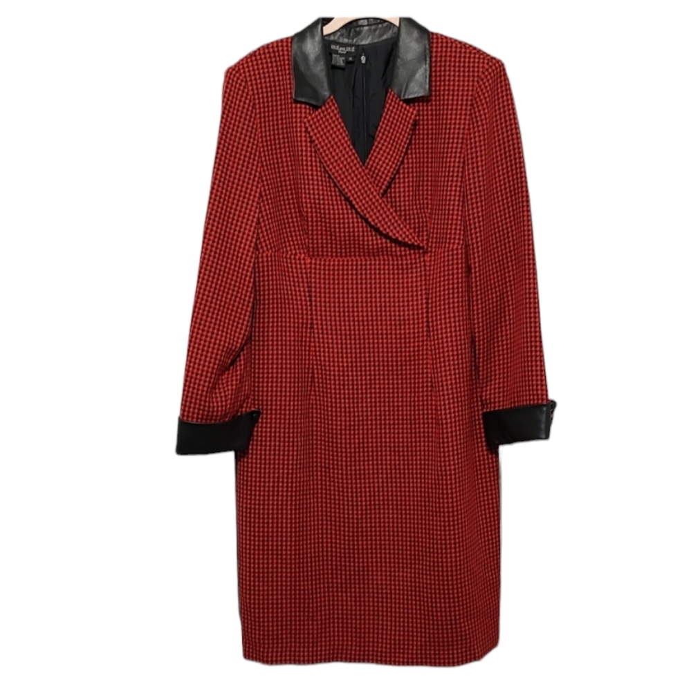 Red & Black Houndstooth Due per Due Veste Dress w Faux Leather Trim sz 14